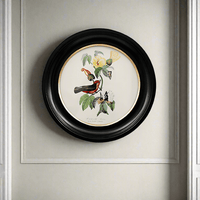 Small round small red birdwall print in a classic black and gilt frame, this print will make an impact on any wall. The style is reminiscent of ornithological illustrations with its vibrant colours.
