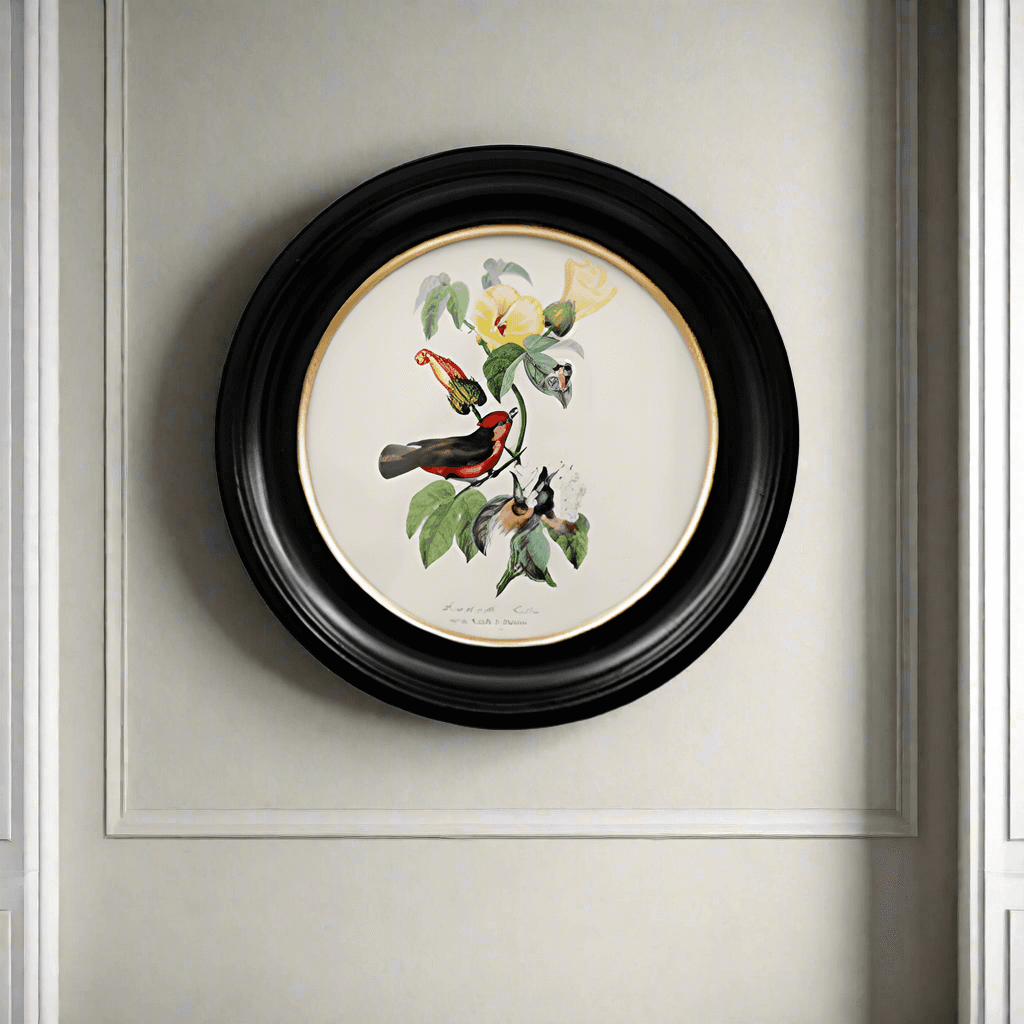 Small round small red birdwall print in a classic black and gilt frame, this print will make an impact on any wall. The style is reminiscent of ornithological illustrations with its vibrant colours.