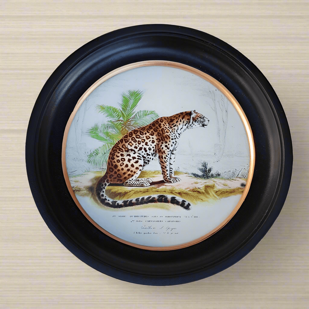Enhance your decor with this Medium Round Leopard Print Wall Art 38cm. In striking black and gilt frames, it elevates walls with elegance.