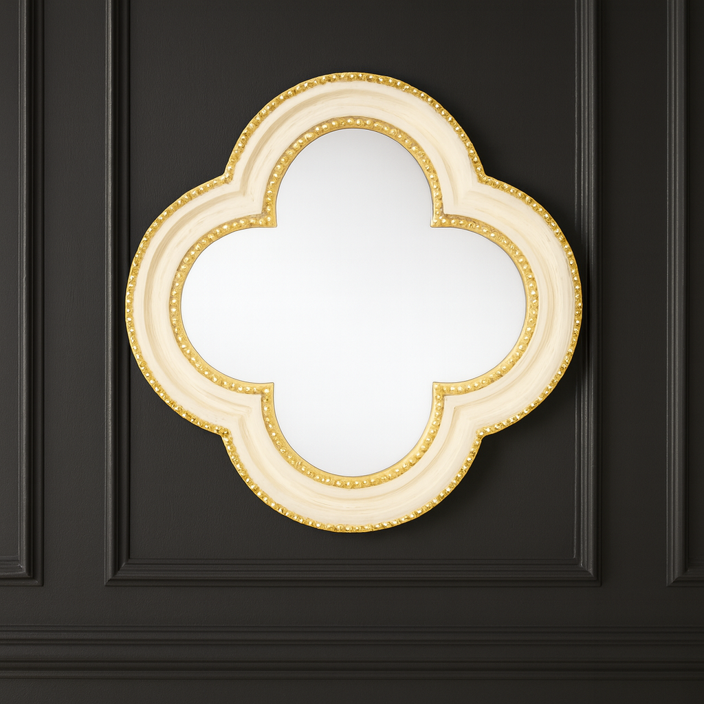 Cream Quatrefoil Mirror With Gold Beading