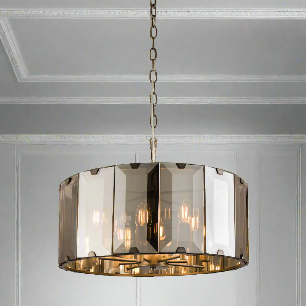 Round smoked glass ceiling pendant, the smoked glass, a dramatic polished pendant perfect over dining table. Giving an atmospheric light wherever it's placed.
W: 50 cm H: 50 - 122 cm
