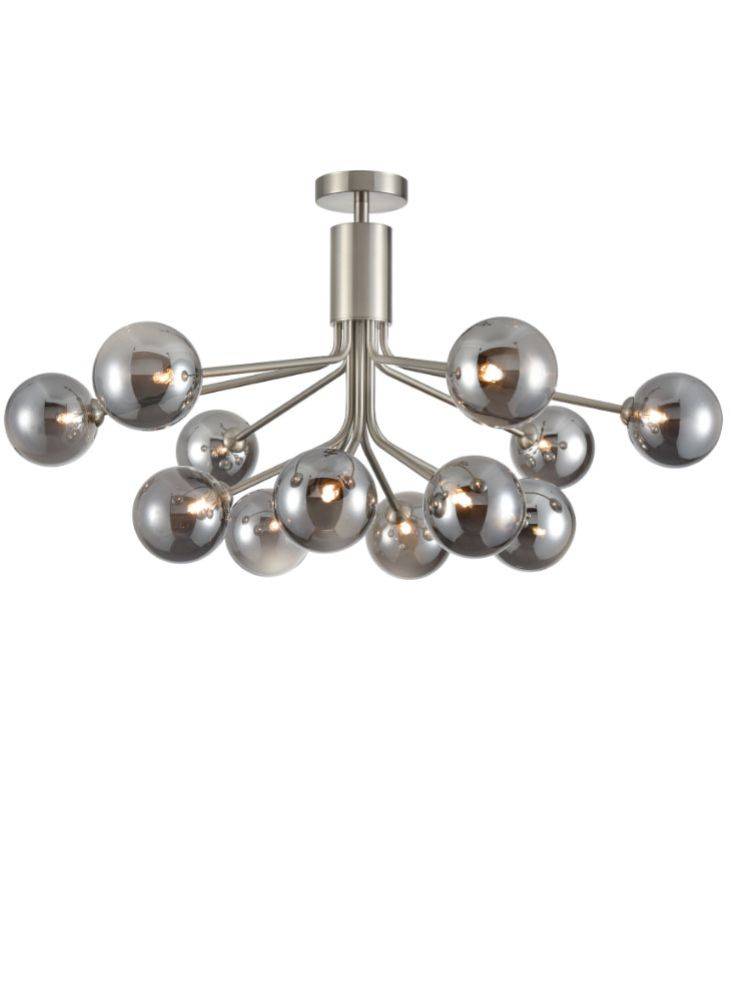A 12 globe light on a satin nickel frame, large statement light spreading a glow over your room. 2 150 cm Rods and 2 300 cm rods provided to add to the height of this light.