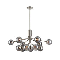 A 12 globe light on a satin nickel frame, large statement light spreading a glow over your room. 2 150 cm Rods and 2 300 cm rods provided to add to the height of this light.