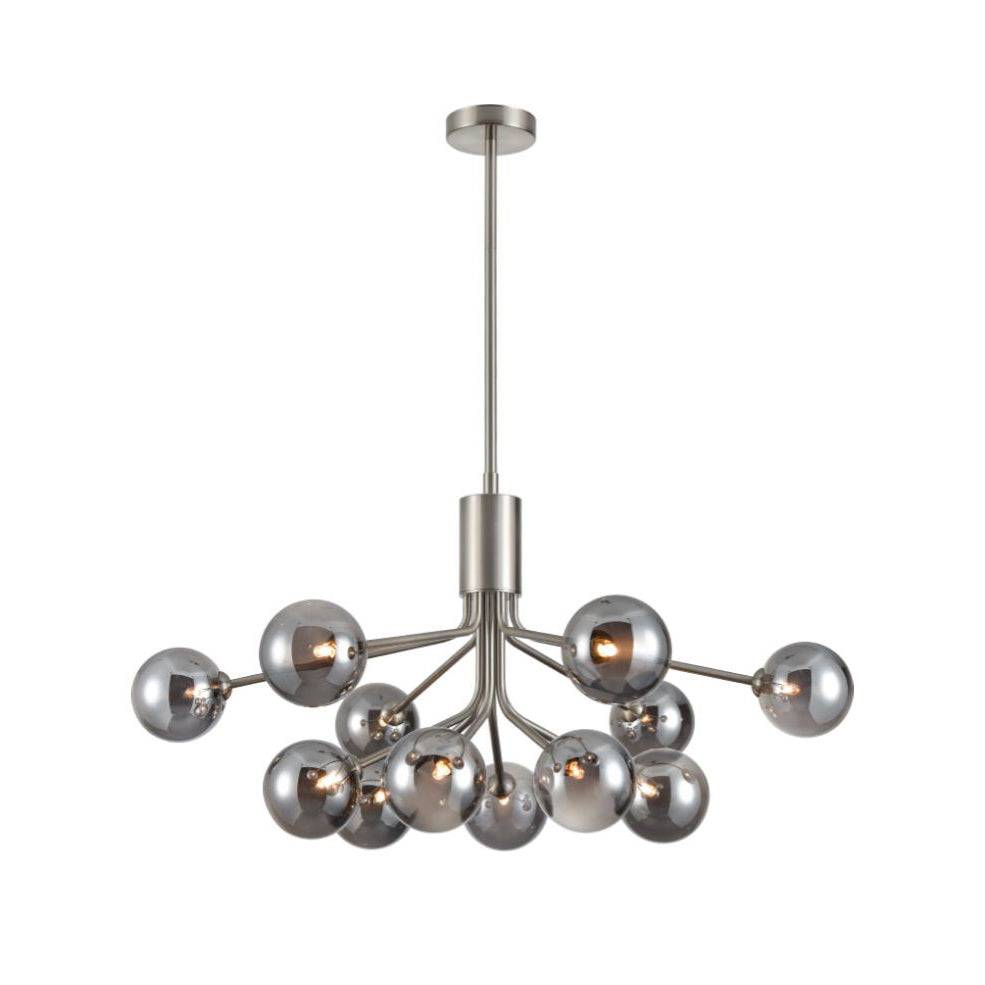 A 12 globe light on a satin nickel frame, large statement light spreading a glow over your room. 2 150 cm Rods and 2 300 cm rods provided to add to the height of this light.