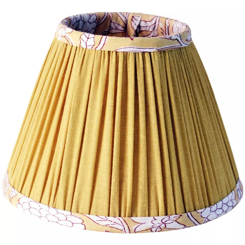 Yellow cotton tapered lamp shade with pleated design and floral trim, ideal for vintage table lamps in home lighting décor.