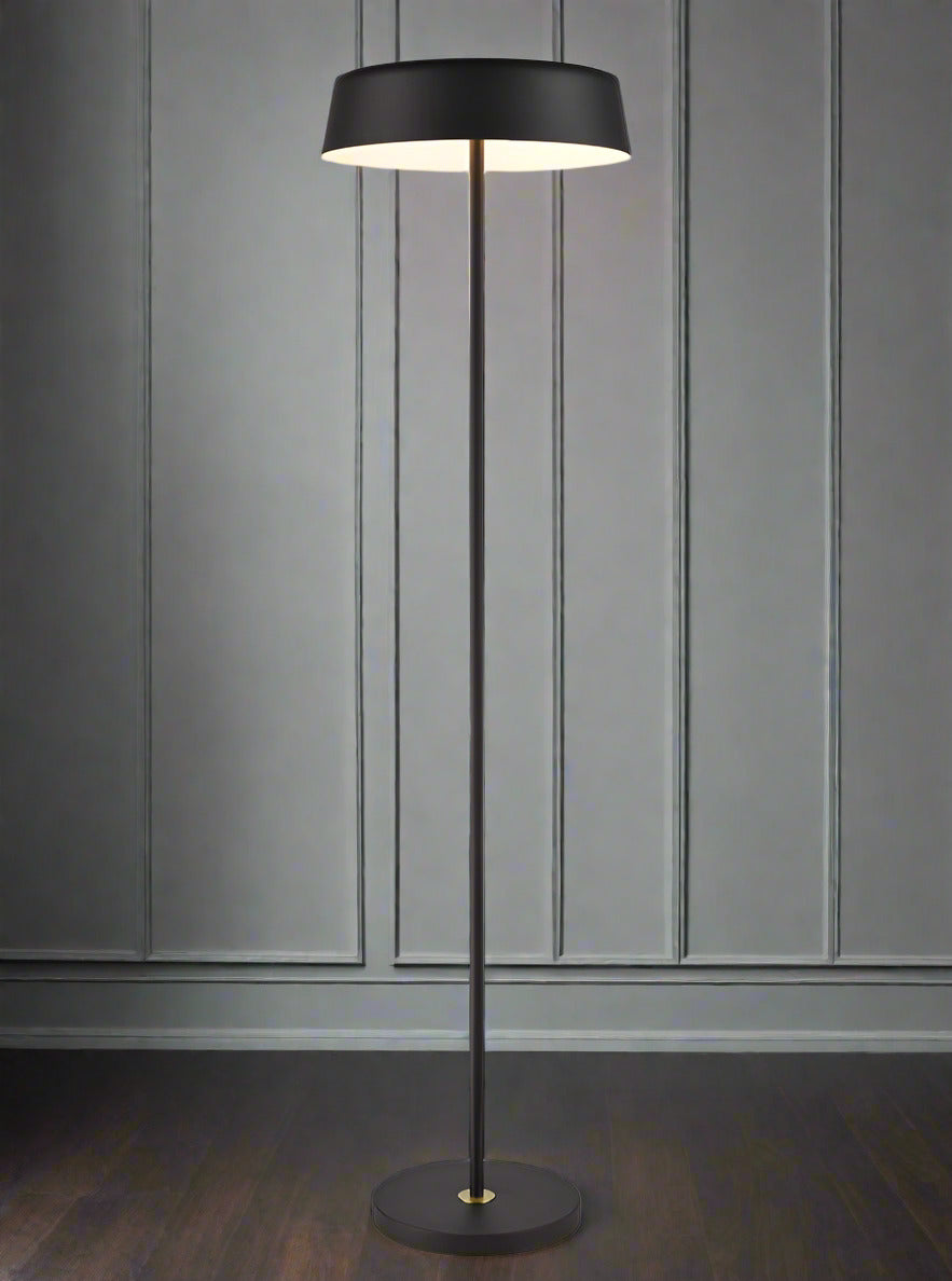 Black metal floor lamp with stylish, minimalist shade.  The black stand having aged brass accents.  The shade benefits from a white interior to brighten the light and there is an in-line dimmer switch on the cable. An understated contemporary lamp that would work beautifully in contemporary or industrial style setting. 
