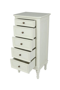 Five drawer painted wooden tallboy, a great storage solution in your bedroom.  The tallboy at 40 cm deep has a small footprint making it a great space-saver. Suits a country house or would work just as well in an urban setting where space is limited.  For storing all your clothes, linens and personal items.  The light colour of the paint is set off with a single round metal knob.  A vintage look with tapered legs and raised panel detailing.