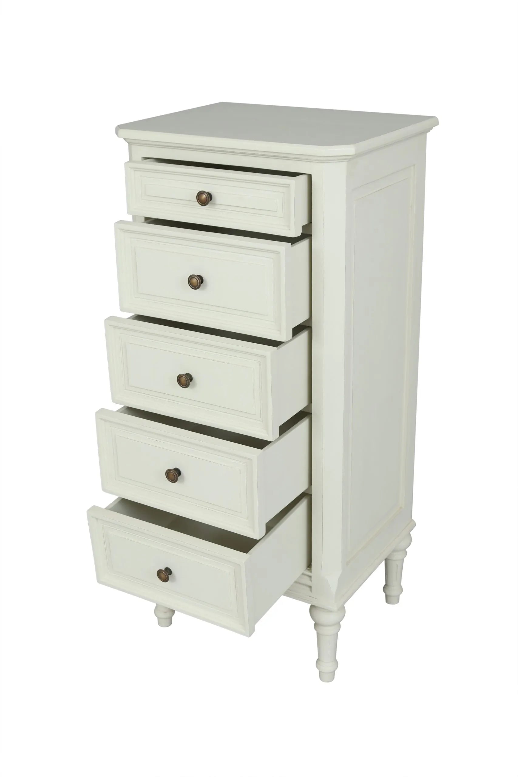 Five drawer painted wooden tallboy, a great storage solution in your bedroom.  The tallboy at 40 cm deep has a small footprint making it a great space-saver. Suits a country house or would work just as well in an urban setting where space is limited.  For storing all your clothes, linens and personal items.  The light colour of the paint is set off with a single round metal knob.  A vintage look with tapered legs and raised panel detailing.