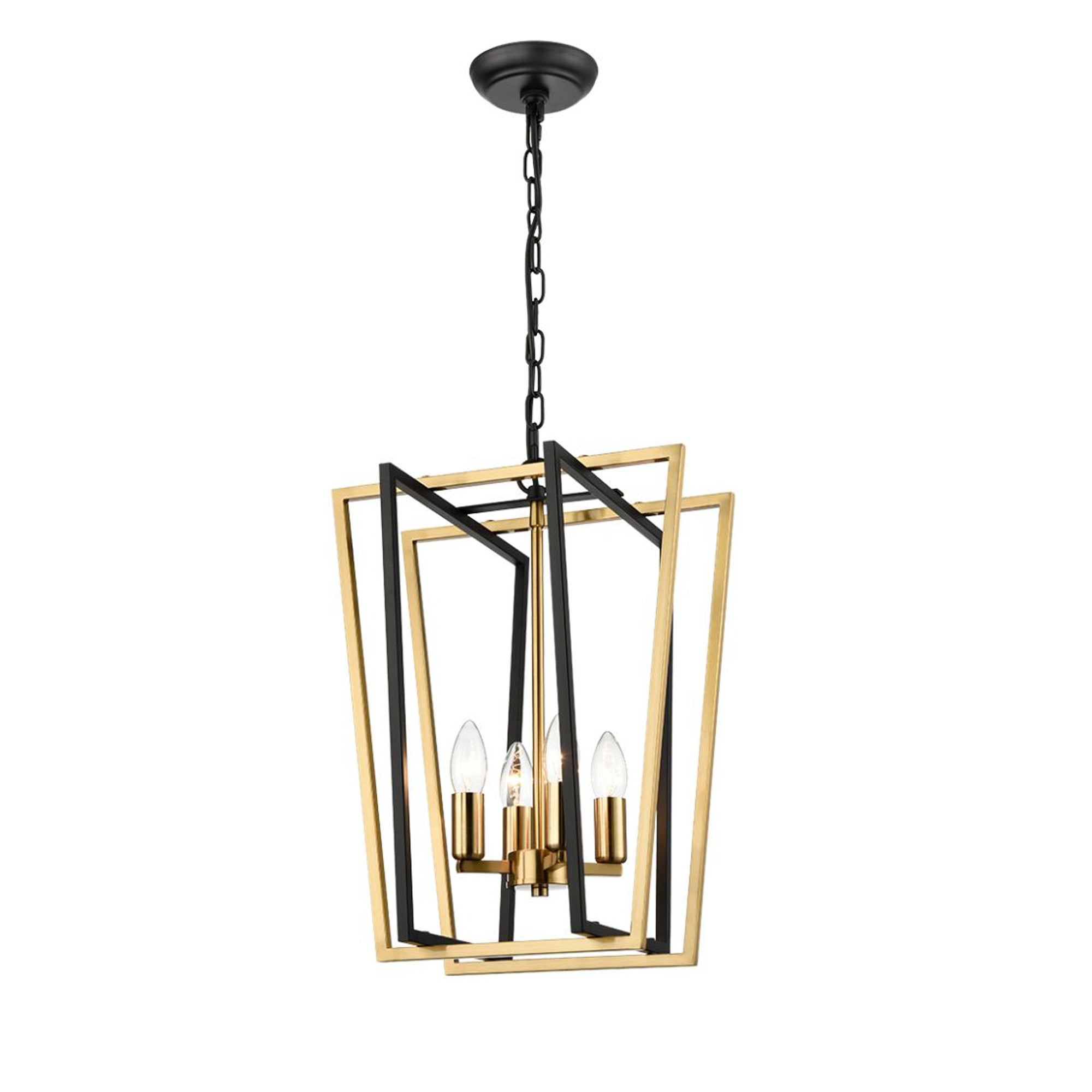 Great combination of black and aged brass lift this 4  light fitting into another sphere - industrial yet glamorous. A modern take on the traditional lantern,  perfect in a hall or living room.