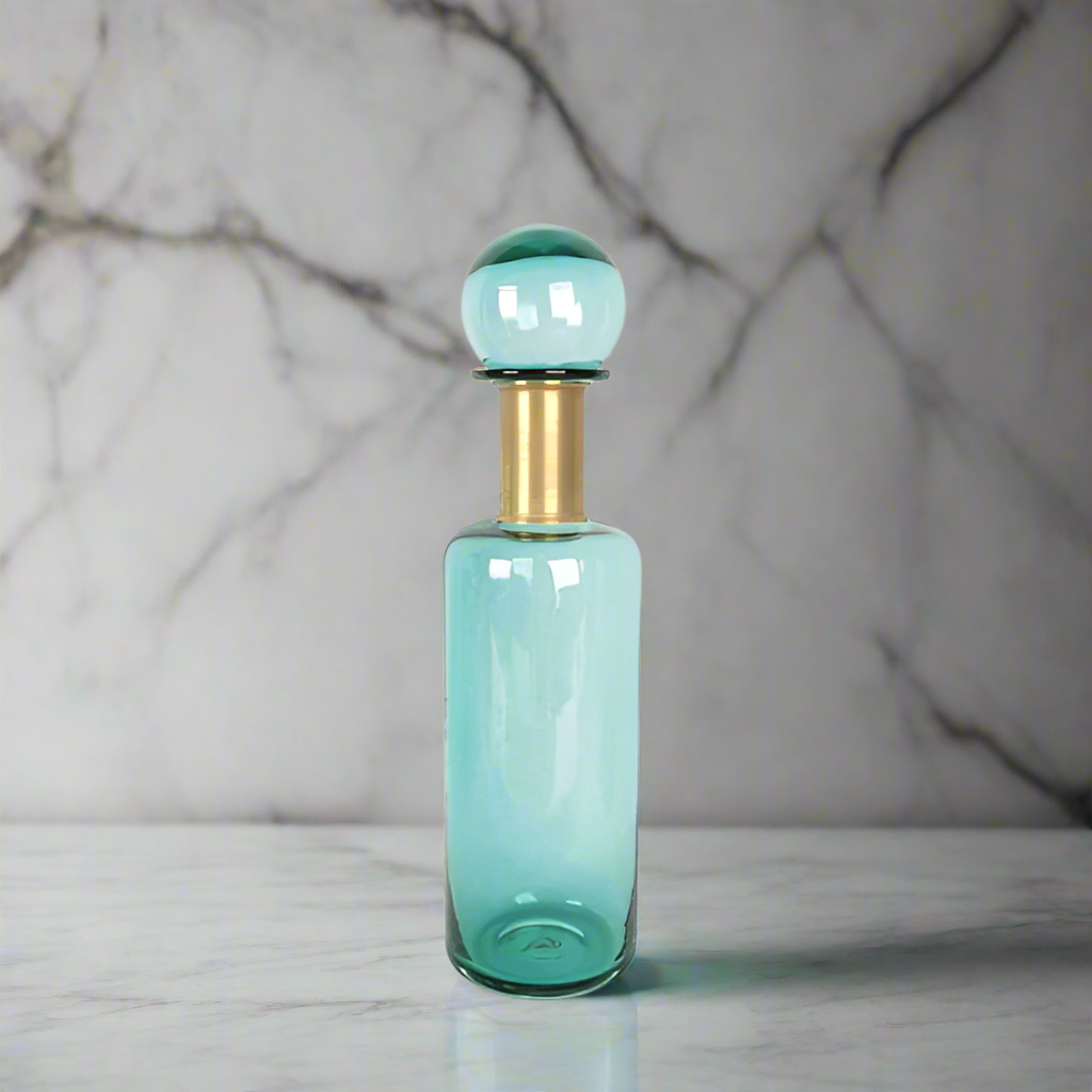 Extra tall teal apothecary bottle with gilt band.  A modern, stylish accessory to any room. An easy way to add colour to a contemporary interior.