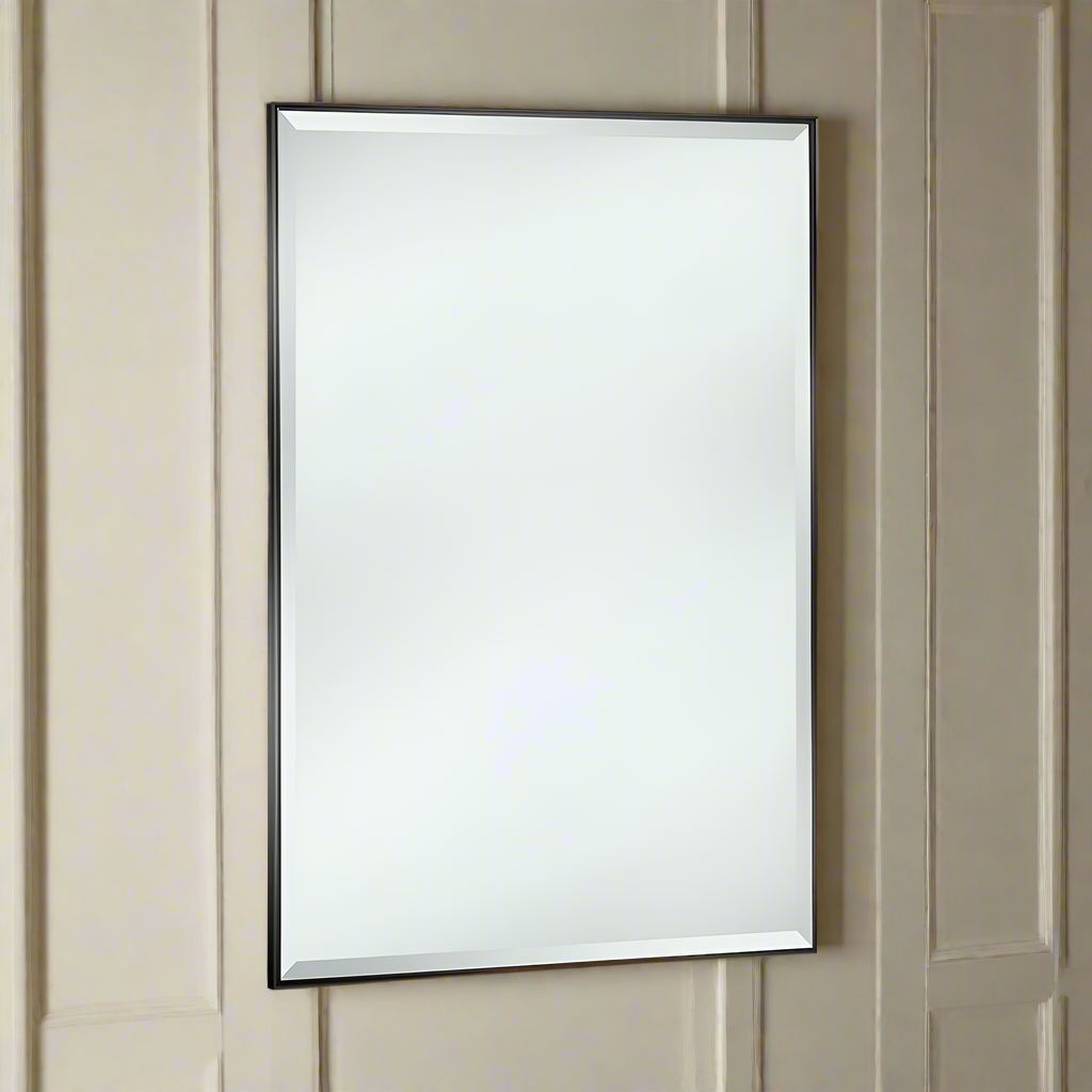 Stunningly simple mirror with a black metal minimal frame. The glossy metal border sets off the clear glass mirror to add shine and light to your space. Eight Sizes.