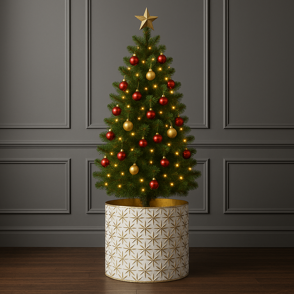 Large Festive White & Gold Metal Container