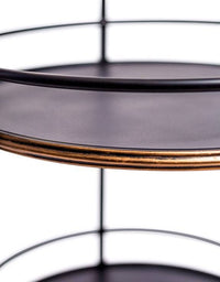 A three tier black industrial drinks trolley, the black metal brushed by gilt to the edges. On castors this trolley will hold all the necessary bottles and glasses.