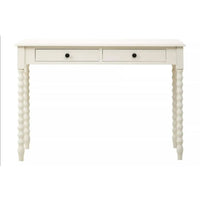 A pine desk painted in soft ivory with turned leg detail. Such a simple but so useful desk or dressing table in a Ivory paint finish The legs are turned in a spiral decoration. This piece of furniture would look perfect in a bedroom as a desk, in a living room or hall as a console.