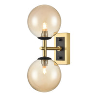 Stylish aged brass and matt black metal globe wall light  fixtures with two tinted glasses It creates an instant classy and elegant feel. With an IP Rating 44, this globe wall light can be use in the bathroom transforming your space with a glamorous look. Perfect bathroom lighting but globe wall lights look just as stunning in a hall or living room.