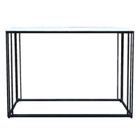 Marble topped console tables on a black iron metal base. These sturdy pieces where the white marble contrasts stunningly against simple black iron legs.