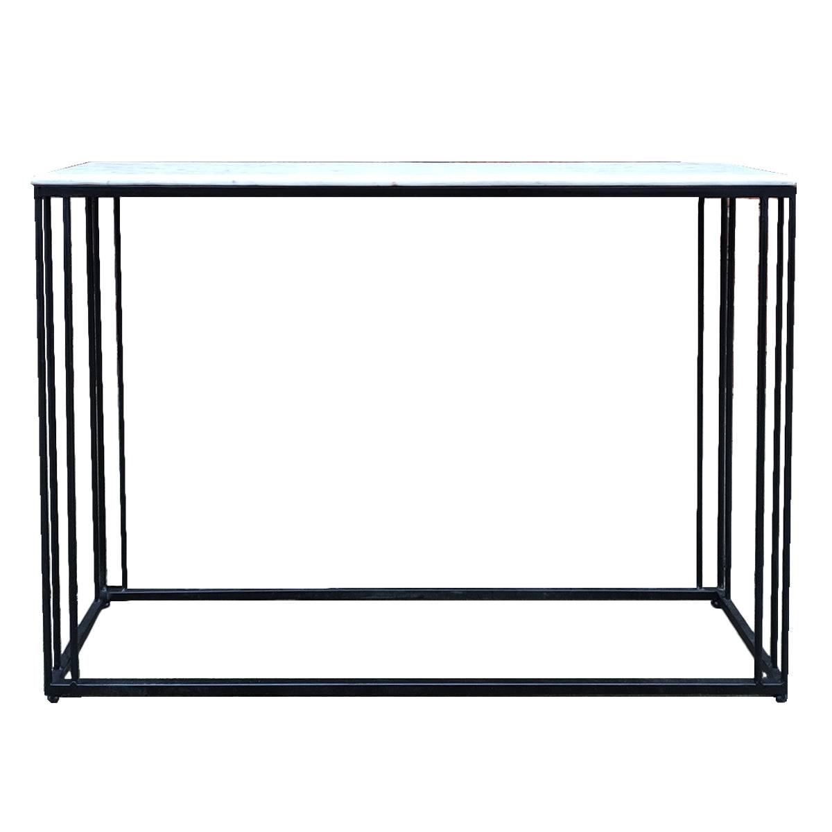 Marble topped console tables on a black iron metal base. These sturdy pieces where the white marble contrasts stunningly against simple black iron legs.