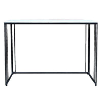 Marble topped console tables on a black iron metal base. These sturdy pieces where the white marble contrasts stunningly against simple black iron legs.