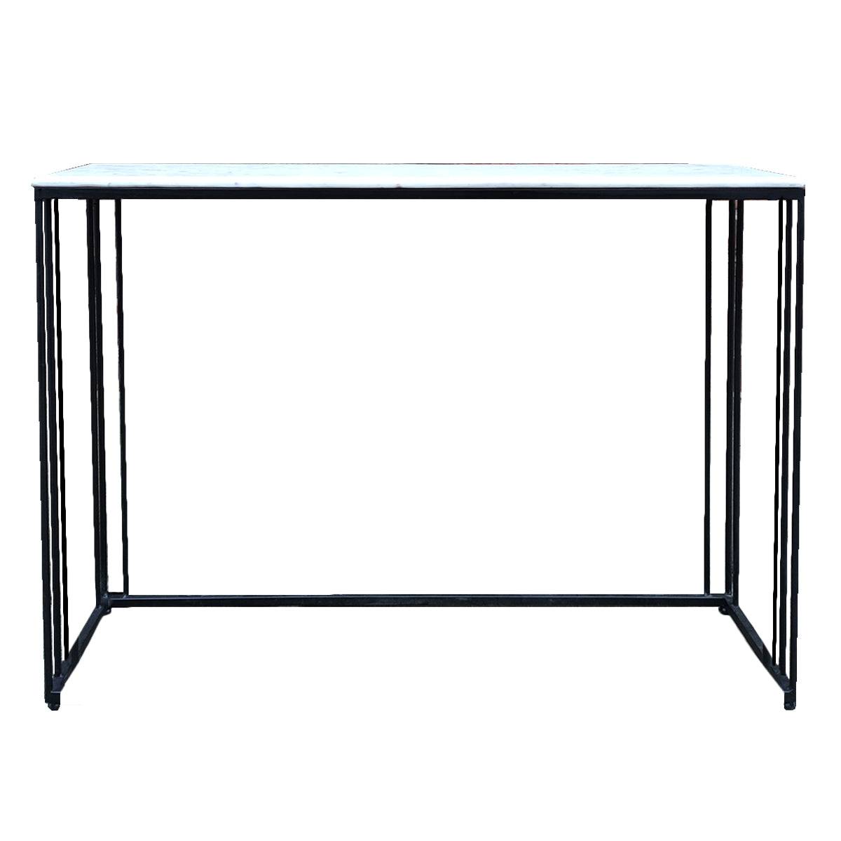 Marble topped console tables on a black iron metal base. These sturdy pieces where the white marble contrasts stunningly against simple black iron legs.