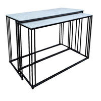 Marble topped console tables on a black iron metal base. These sturdy pieces where the white marble contrasts stunningly against simple black iron legs.