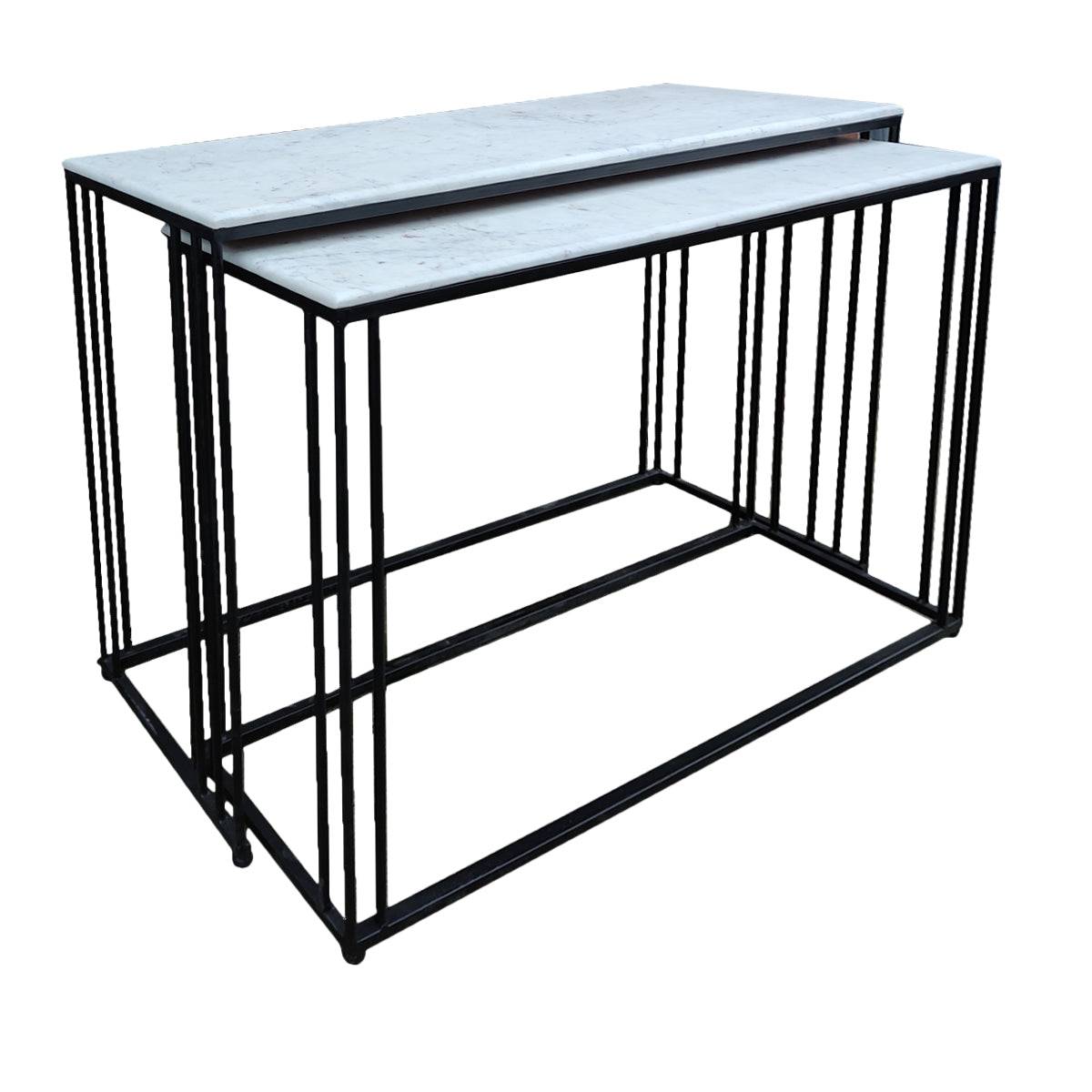 Marble topped console tables on a black iron metal base. These sturdy pieces where the white marble contrasts stunningly against simple black iron legs.
