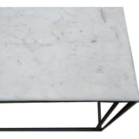 Marble topped console tables on a black iron metal base. These sturdy pieces where the white marble contrasts stunningly against simple black iron legs.