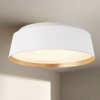 A white flush ceiling light with a gold accent around the base, emitting a warm glow.