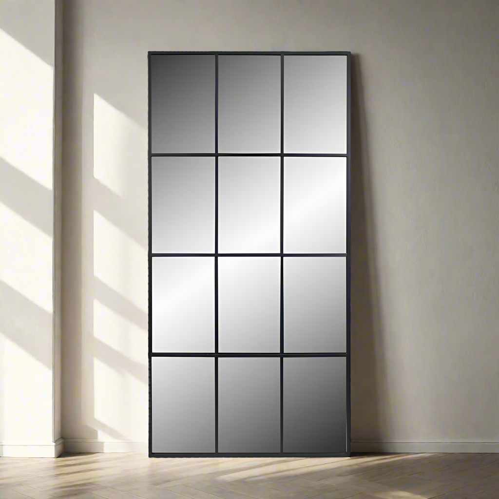 Black metal framed, aged glass window mirror with 9 panes, industrial style mirror with the added edge of aged glass, great vintage look.  Window mirrors fool the eye into thinking the room is far larger than it really is.  The aged glass adds to the vintage feel.