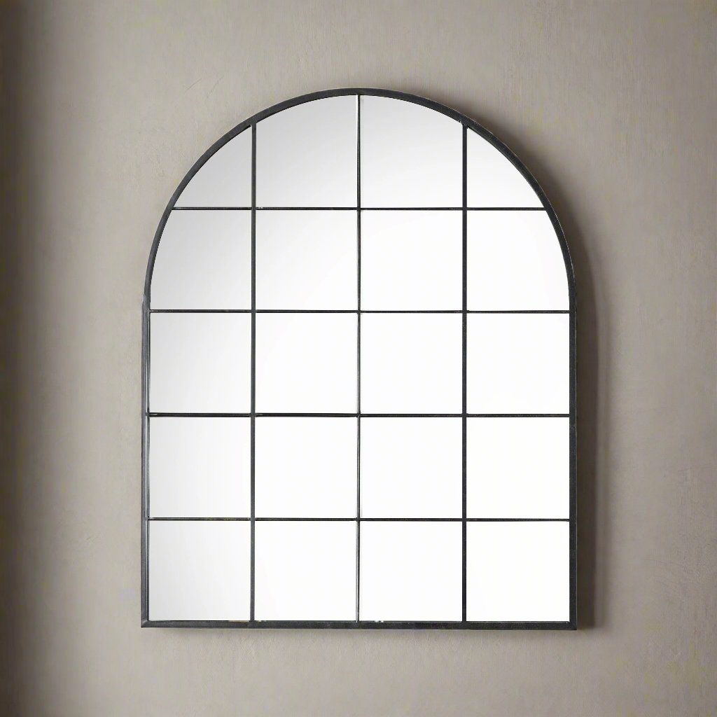 Black metal arched window mirror. 