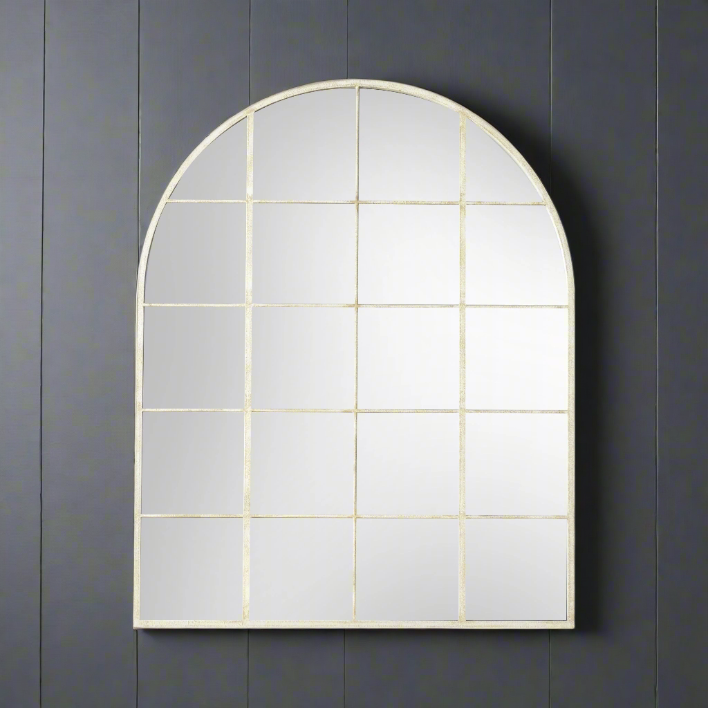 Rubbed, aged, white painted framed arch window mirror.