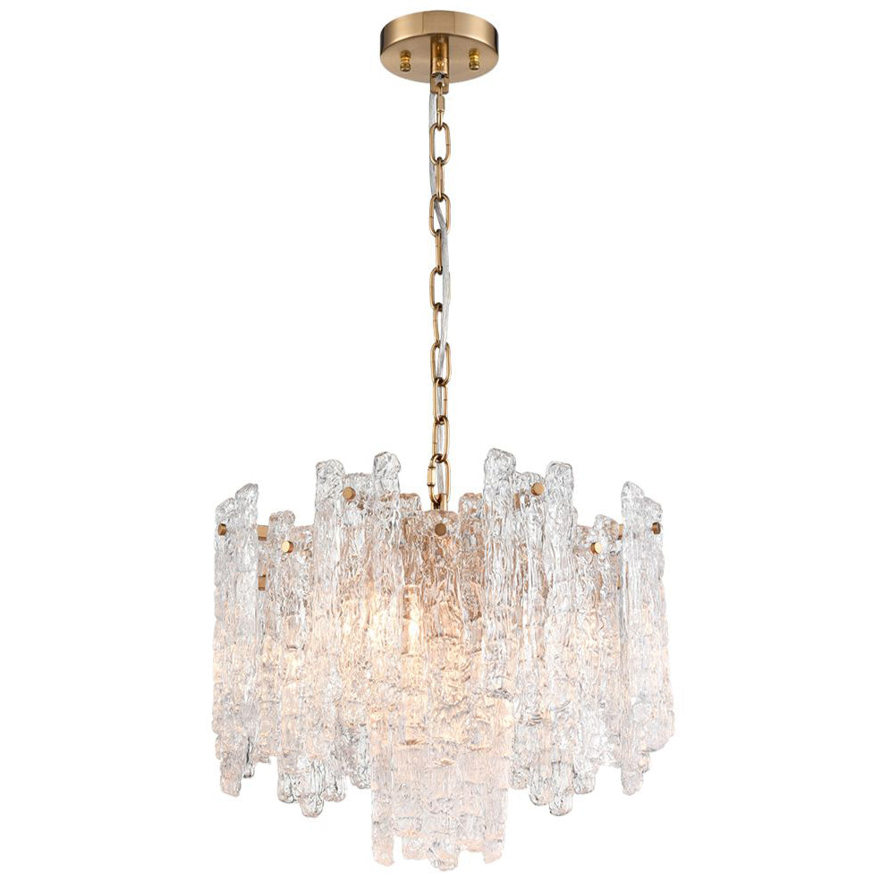 Icicle shard chandelier with textured glass panels at varying heights to refract the lights. It has 5 lights and aged brushed brass metal fittings.  A really luxurious ceiling light perfect for your living room, would look stunning over a dining table.