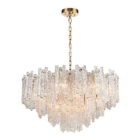 Icicle shard chandelier with textured glass panels at varying heights to refract the lights. It has 16 lights and aged brushed brass metal fittings. An extra large chandelier for the utmost impact, over a large dining table or as a total statement in your living area.