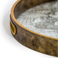 Antique world map round trays. The trays are clear transparent, not mirrored.
They can be purchased individually or as a set of two.
