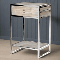 Beautiful fir wood and stainless steel bedside table. One Ex-Display Item is available from The Chiswick Store reduced half price from £395 to £195.
