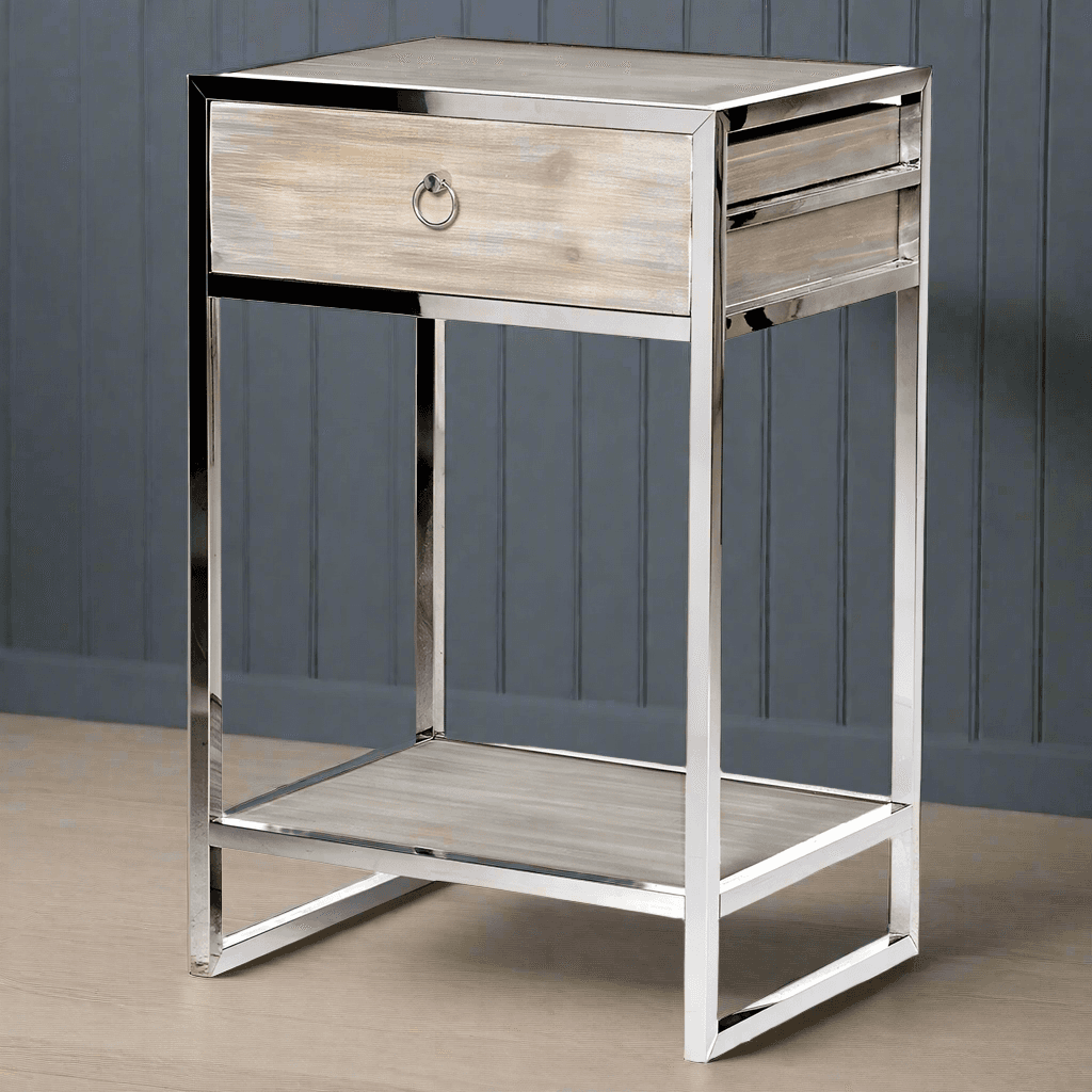 Beautiful fir wood and stainless steel bedside table. One Ex-Display Item is available from The Chiswick Store reduced half price from £395 to £195.