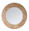 Large round wooden mirror in oak veneer, with an attractive chevron design to the frame. Varnished  in matt laquer to show the natural beauty of the oak grain.  W: 90 cm 
