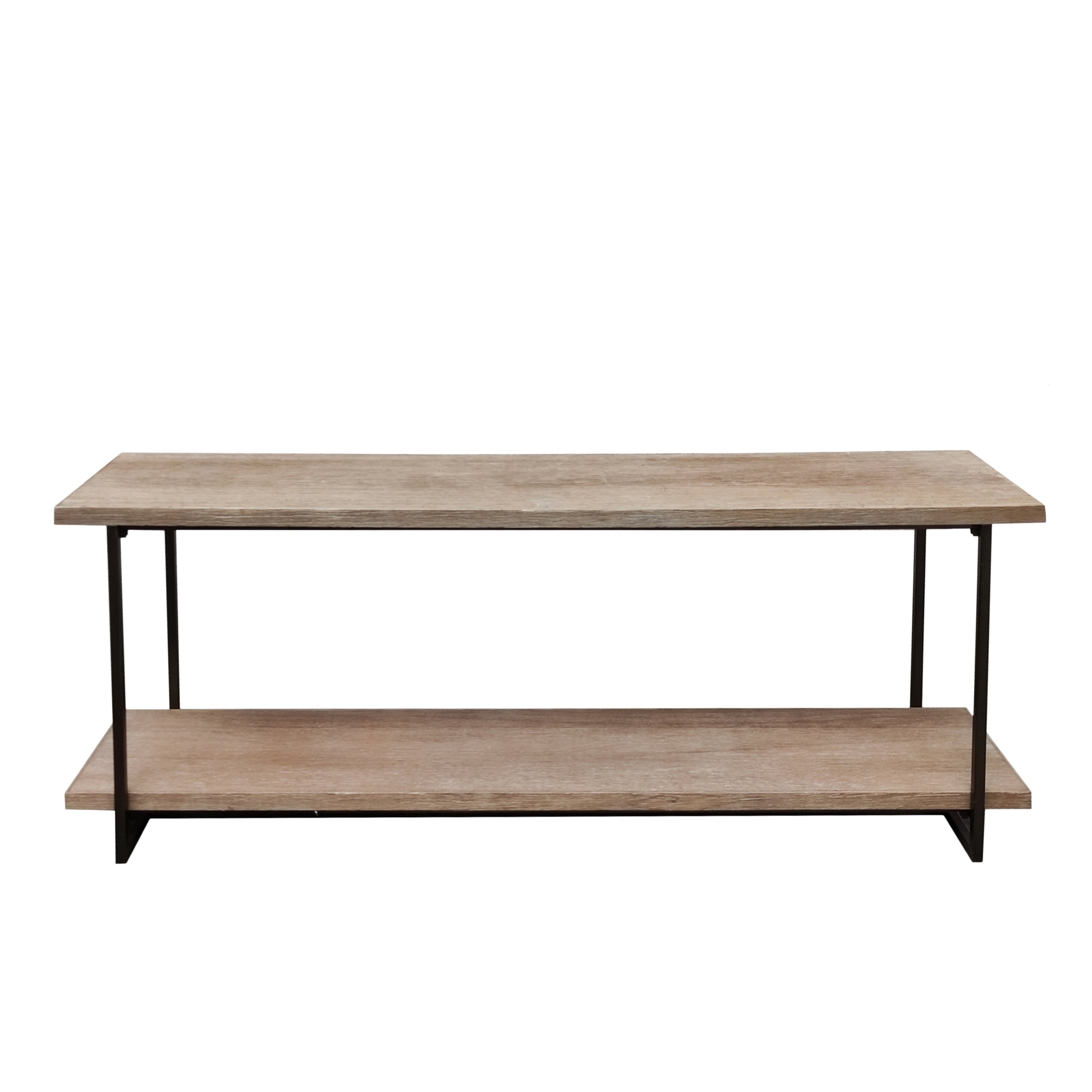 A really long wooden topped console table with useful bottom shelf. Set on a black iron frame. A fantastic hall or sitting room table for display and storage.  A striking piece that is so simple but would elevate any space in a contemporary or a period home. It has an open and airy design emphasizing functionality and clean lines and would look stunning in a hall with a large mirror. This table is now out of stock and we only have thei one left as a reduced price.
One remaining - REDUCED FROM £59