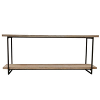 A really long wooden topped console table with useful bottom shelf. Set on a black iron frame. A fantastic hall or sitting room table for display and storage.  A striking piece that is so simple but would elevate any space in a contemporary or a period home. It has an open and airy design emphasizing functionality and clean lines and would look stunning in a hall with a large mirror. This table is now out of stock and we only have thei one left as a reduced price.
One remaining - REDUCED FROM £59