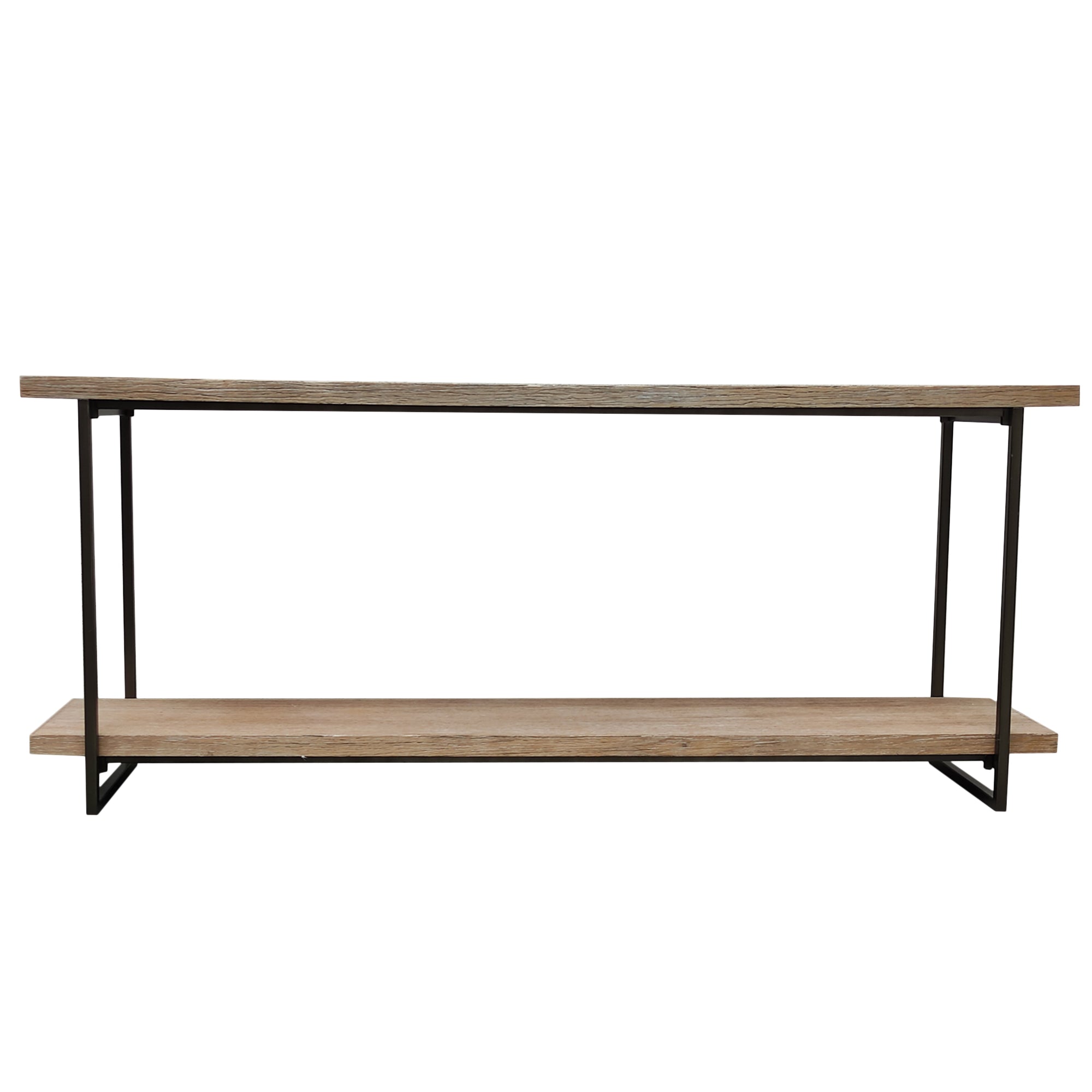 A really long wooden topped console table with useful bottom shelf. Set on a black iron frame. A fantastic hall or sitting room table for display and storage.  A striking piece that is so simple but would elevate any space in a contemporary or a period home. It has an open and airy design emphasizing functionality and clean lines and would look stunning in a hall with a large mirror. This table is now out of stock and we only have thei one left as a reduced price.
One remaining - REDUCED FROM £59