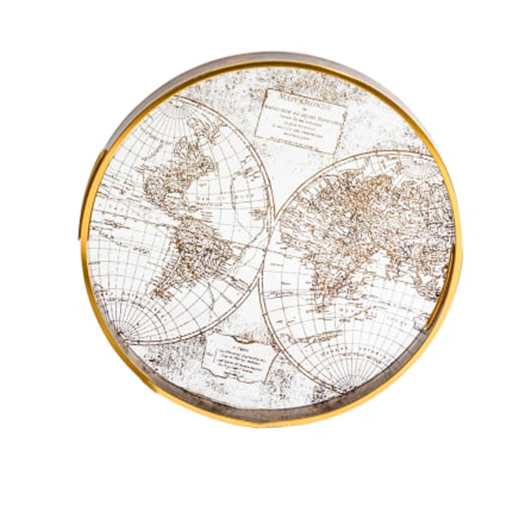 Antique world map round trays. The trays are clear transparent, not mirrored.
They can be purchased individually or as a set of two.