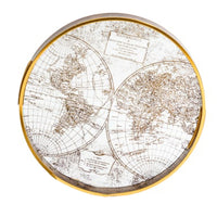 Antique world map round trays. The trays are clear transparent, not mirrored.
They can be purchased individually or as a set of two.