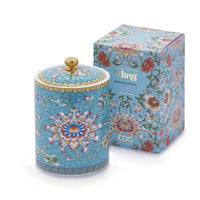 Handcrafted ceramic candle jar with turquoise floral design and gold detailing, scented with Aloe and Sea Salt.