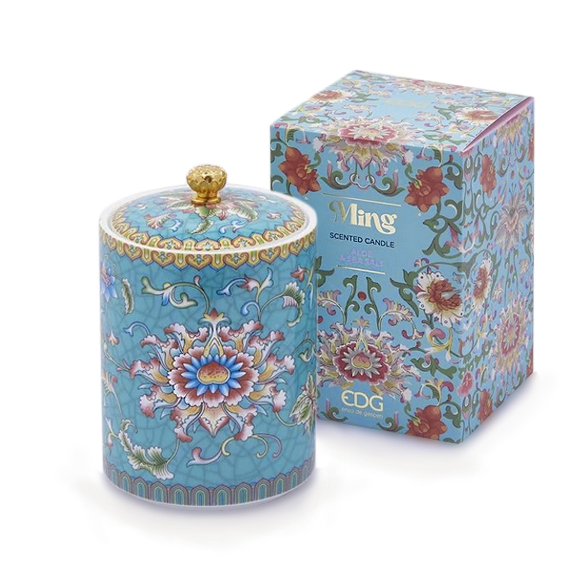 Handcrafted ceramic candle jar with turquoise floral design and gold detailing, scented with Aloe and Sea Salt.