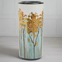 A really beautiful, arty umbrella stand painted in a naturalistic floral pattern with gold leafing to the tops of the flowers. In a mixture of pale blues, browns and gold leaf a stunning piece.
H: 45 cm D: 20 cm.