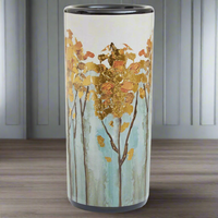 A really beautiful, arty umbrella stand painted in a naturalistic floral pattern with gold leafing to the tops of the flowers. In a mixture of pale blues, browns and gold leaf a stunning piece.