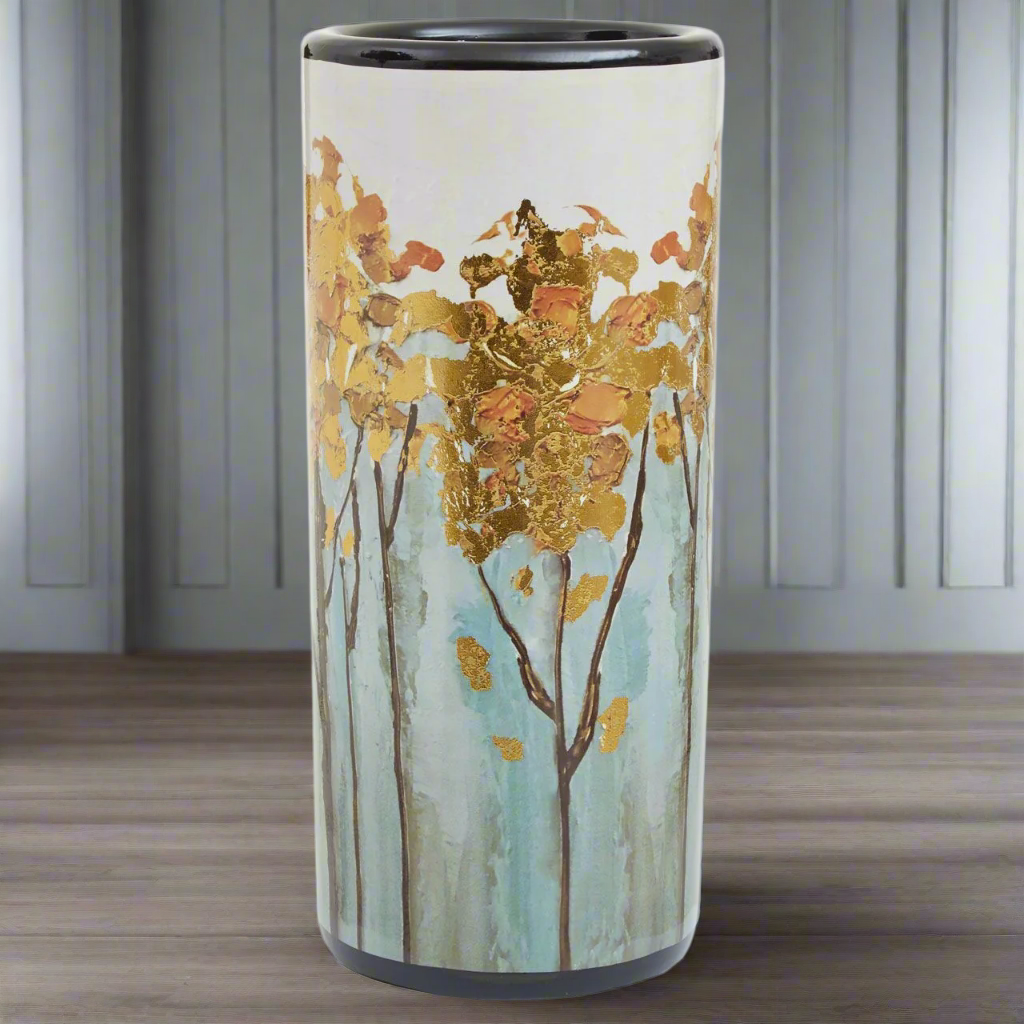 A really beautiful, arty umbrella stand painted in a naturalistic floral pattern with gold leafing to the tops of the flowers. In a mixture of pale blues, browns and gold leaf a stunning piece.