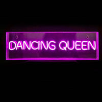 This is a vibrant neon wall sign with the words "dancing queen" written in bright pink neon light, housed in a clear acrylic box. The sign is sleek and modern, with two small holes at the top corners for wall mounting. Perfect for personal spaces like bedrooms, living rooms, or entertainment areas as well as dance studios or bars.
A perfect retro look for girls and women of all ages.
It comes with an USB cable with dimmer switch.