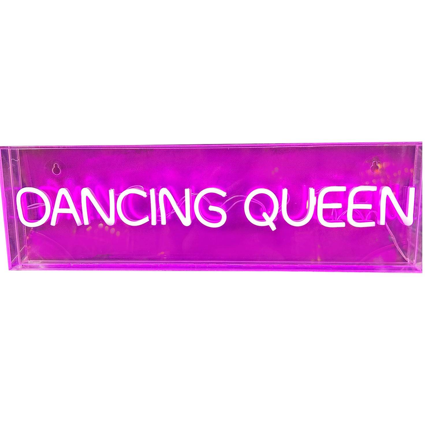 This is a vibrant neon wall sign with the words "dancing queen" written in bright pink neon light, housed in a clear acrylic box. The sign is sleek and modern, with two small holes at the top corners for wall mounting. Perfect for personal spaces like bedrooms, living rooms, or entertainment areas as well as dance studios or bars.
A perfect retro look for girls and women of all ages.
It comes with an USB cable with dimmer switch.