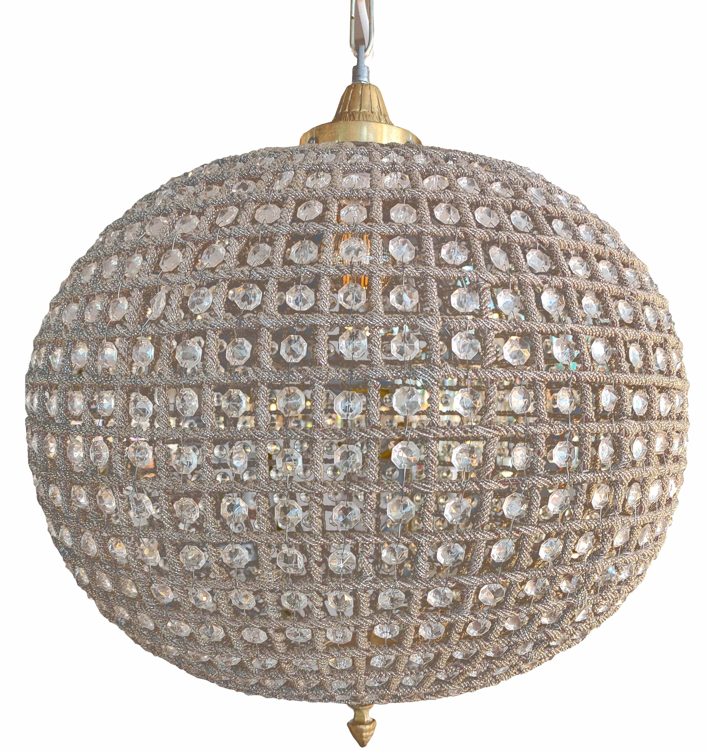 Extra, extra large, aged brass crystal globe chandelier with crystal beading encased in brass metalwork that reflects a pretty pattern around your ceiling and walls. Crystal globe chandeliers are a  classic and glamorous ceiling light which compliments all types of decor.  Globe chandeliers create a dazzling effect as light refracts through the crystals.