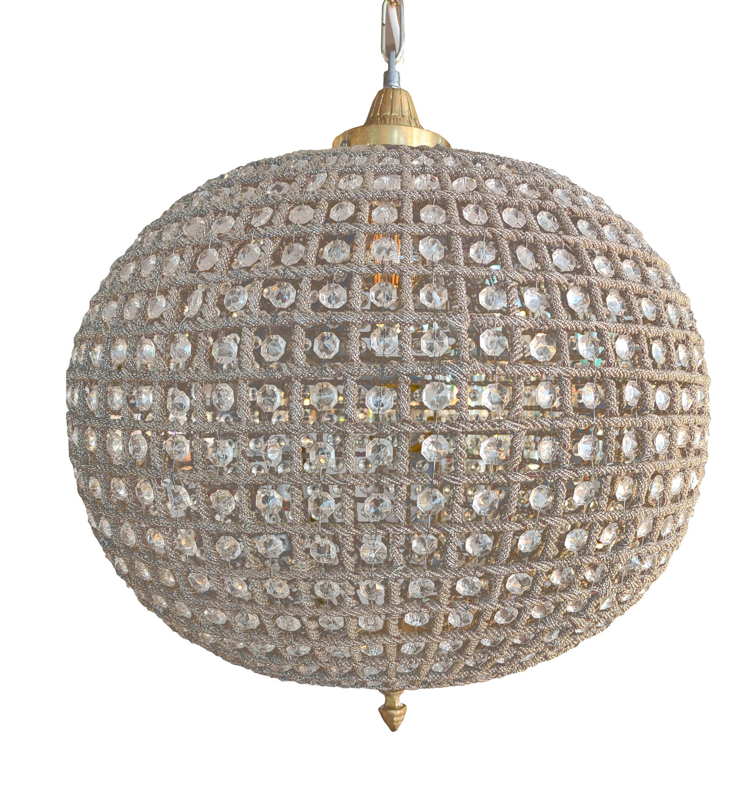 Extra large brass crystal globe chandelier with crystal beading encased in brass metalwork that reflects a pretty pattern around your ceiling and walls. A classic and glamorous ceiling light which compliments all types of decor. Creating a dazzling effect as light refracts through the crystals. Globe chandeliers look perfect in a hallway, adding glamour to a living room. Globe chandeliers are neat and simple in a bedroom.